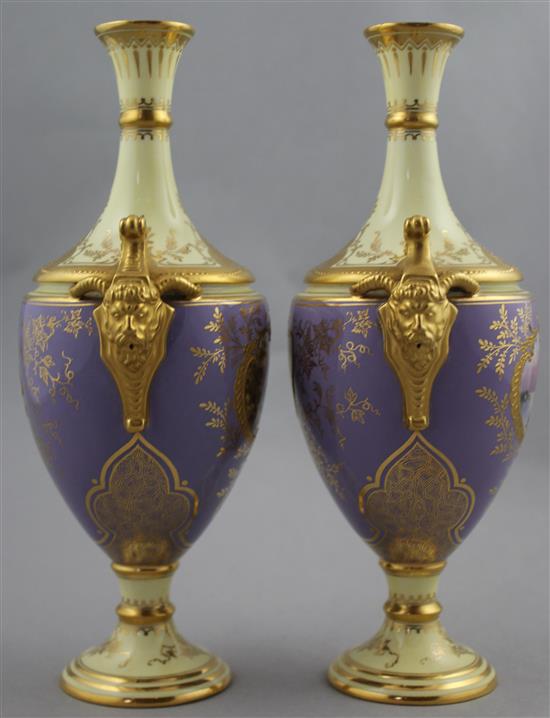 A pair of Coalport lilac and lemon yellow ground vases, c.1900, 22.5cm